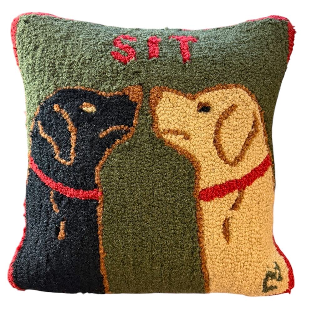 Vintage Chandler 4 Corners Laura Megroz Sit Dog Hooked Wool Throw Pillow 17x17